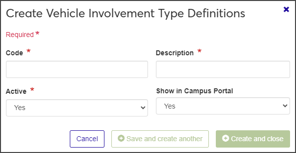 Create Vehicle Involvement Type Definitions window