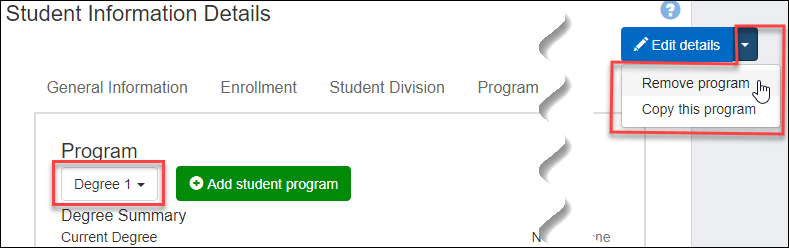 Student Information Details page showing the "Remove program" button.