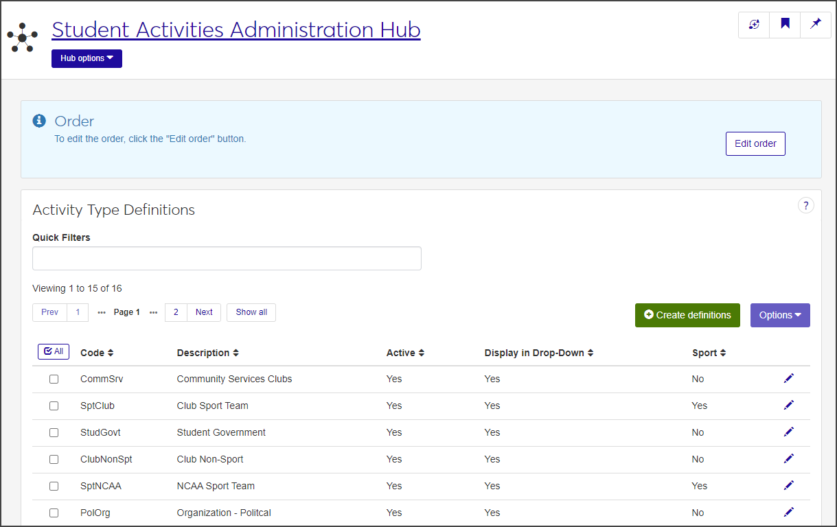 Activity Type Definitions page
