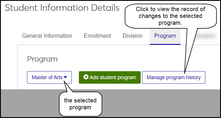 The "Manage program history" button on the Student Information Details page, Program tab