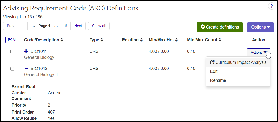 Advising Requirement Code (ARC) page showing Biology 1011 with the Actions button expanded to reveal the Curriculum Impact Analysis, Edit, and Rename options