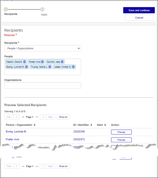 Apply Interaction wizard, select people or organizations as recipients.