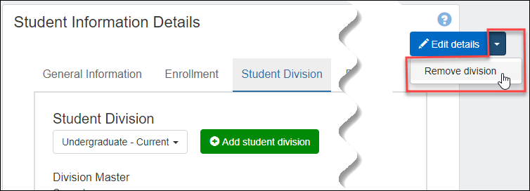 The Remove division button on the Student Information Details page.