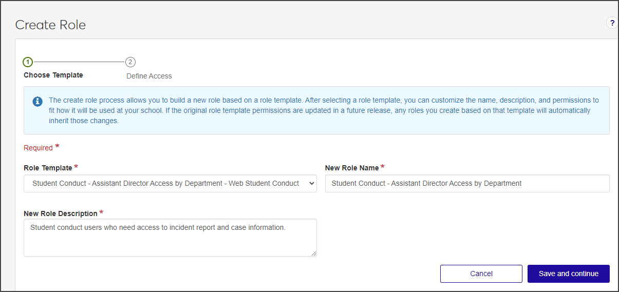 Student Conduct Roles - Create new role, step 1