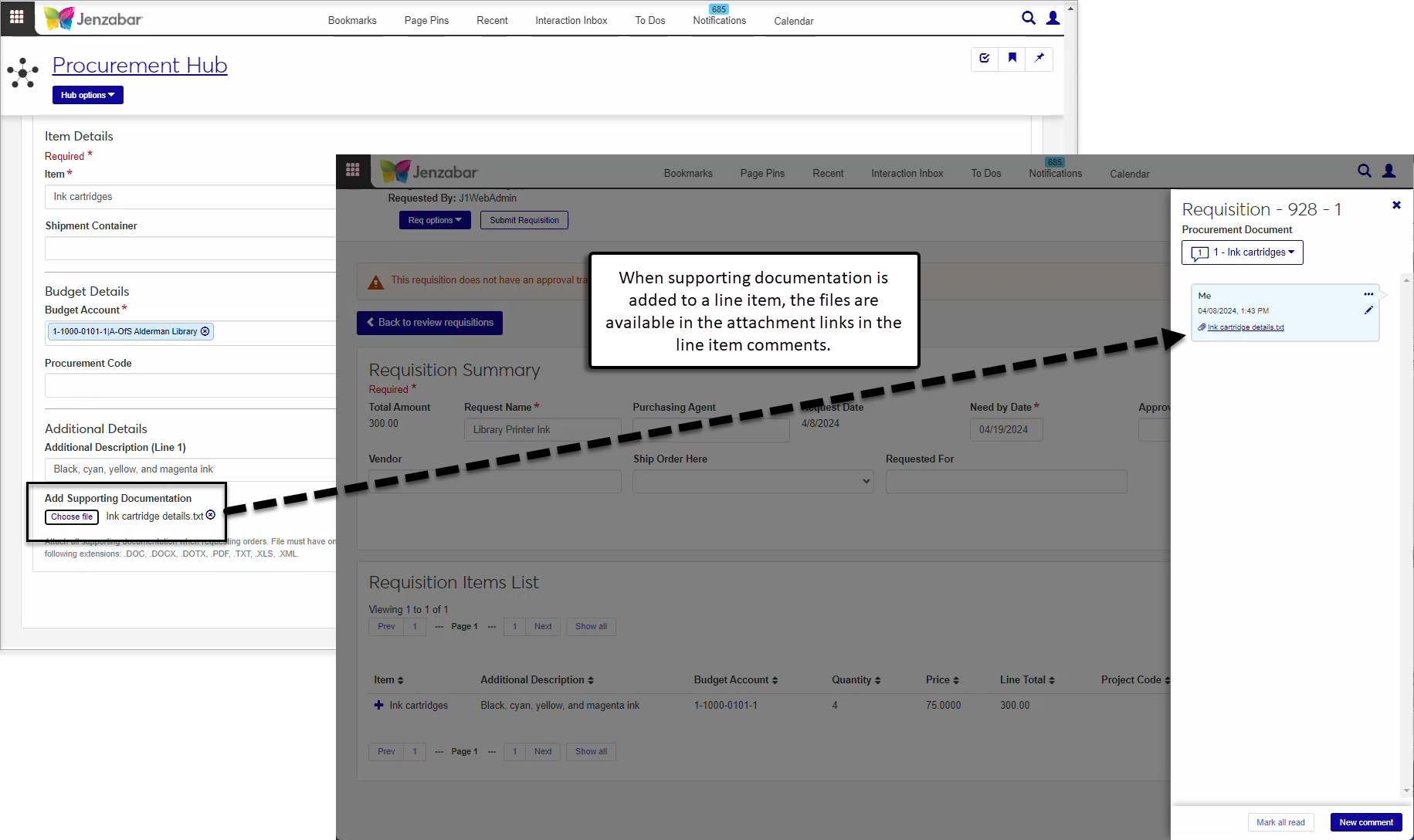 The Add Supporting Documentation section of the Create Requisition page. The Requisition Details page highlights where those files are available in the line item comments.