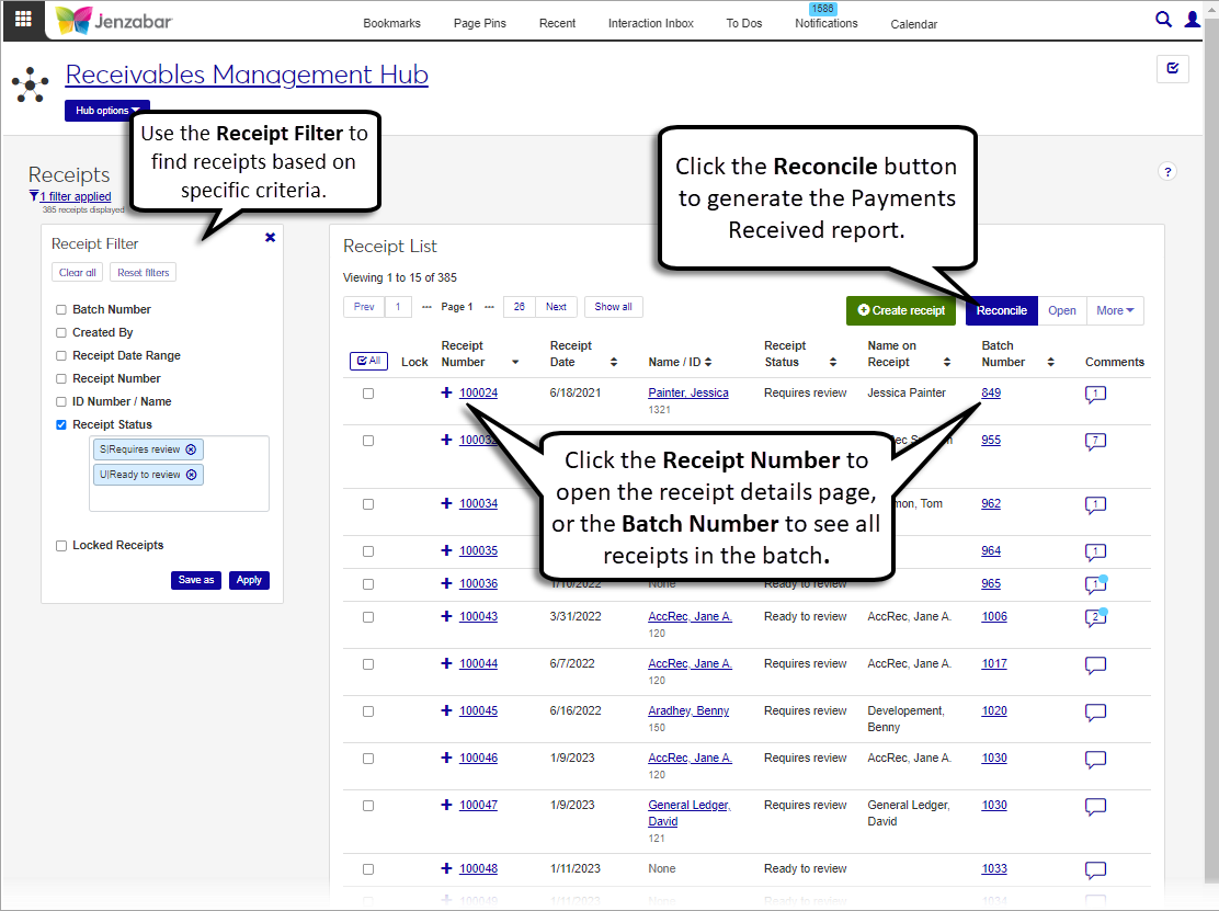 J1 Web Receipts List page.