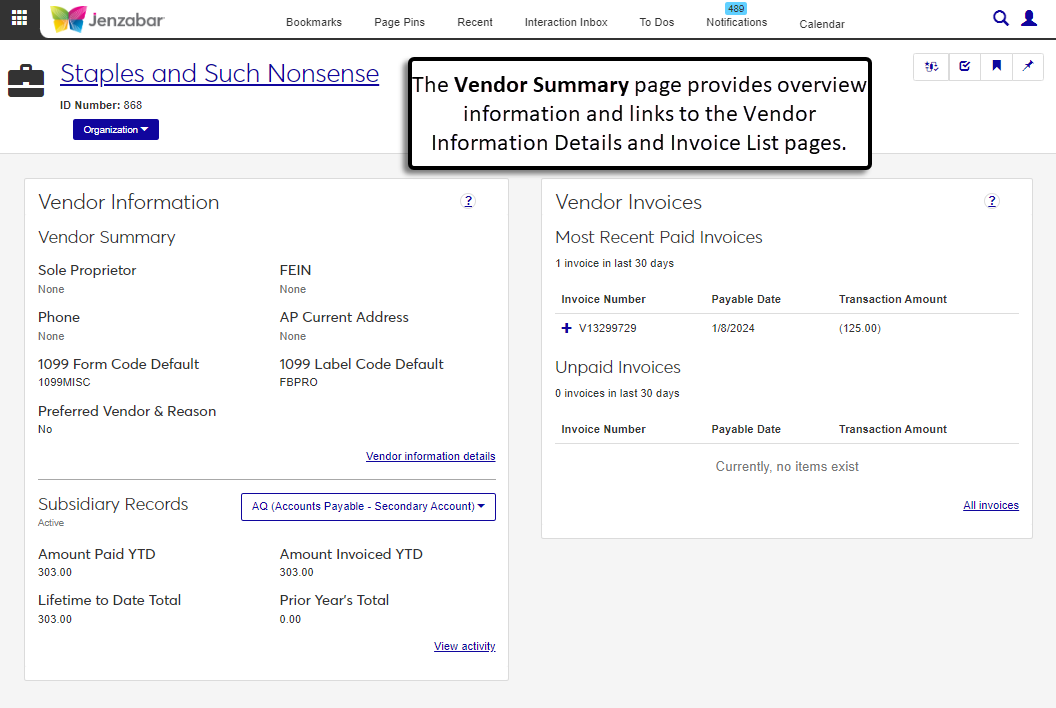 Vendor Summary page with two blocks of information. The Vendor Information block displays contact info and subsidiary details, and the Vendor Invoices block displays details about recent vendor invoices.