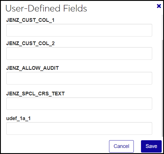 User-Defined Fields pop-up showing the fields empty ready for input and showing the Save and Cancel buttons