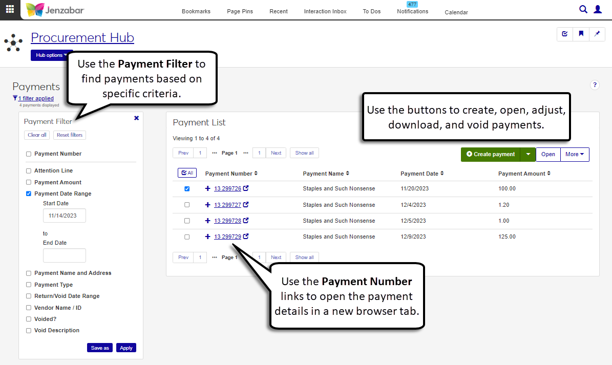 Payments List page with filter options, links to open payment detail pages, and buttons to create, adjust, download, and void payments.