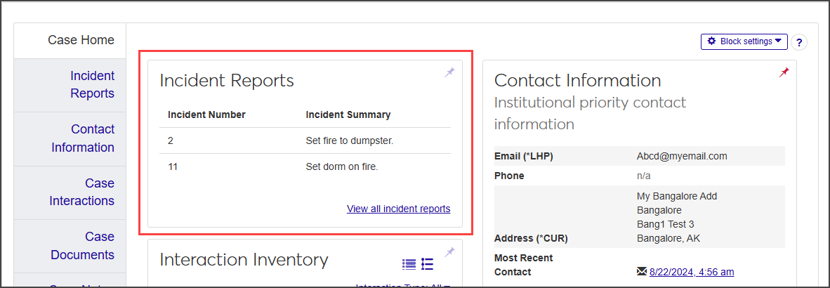 Case summary page - Incident Reports block highlighted