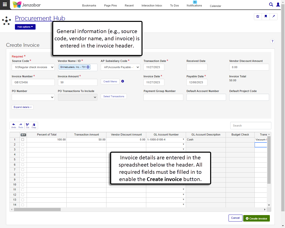 Create Invoice page with the top header section filled in for a regular invoice and single line item entered in the bottom invoice details spreadsheet.
