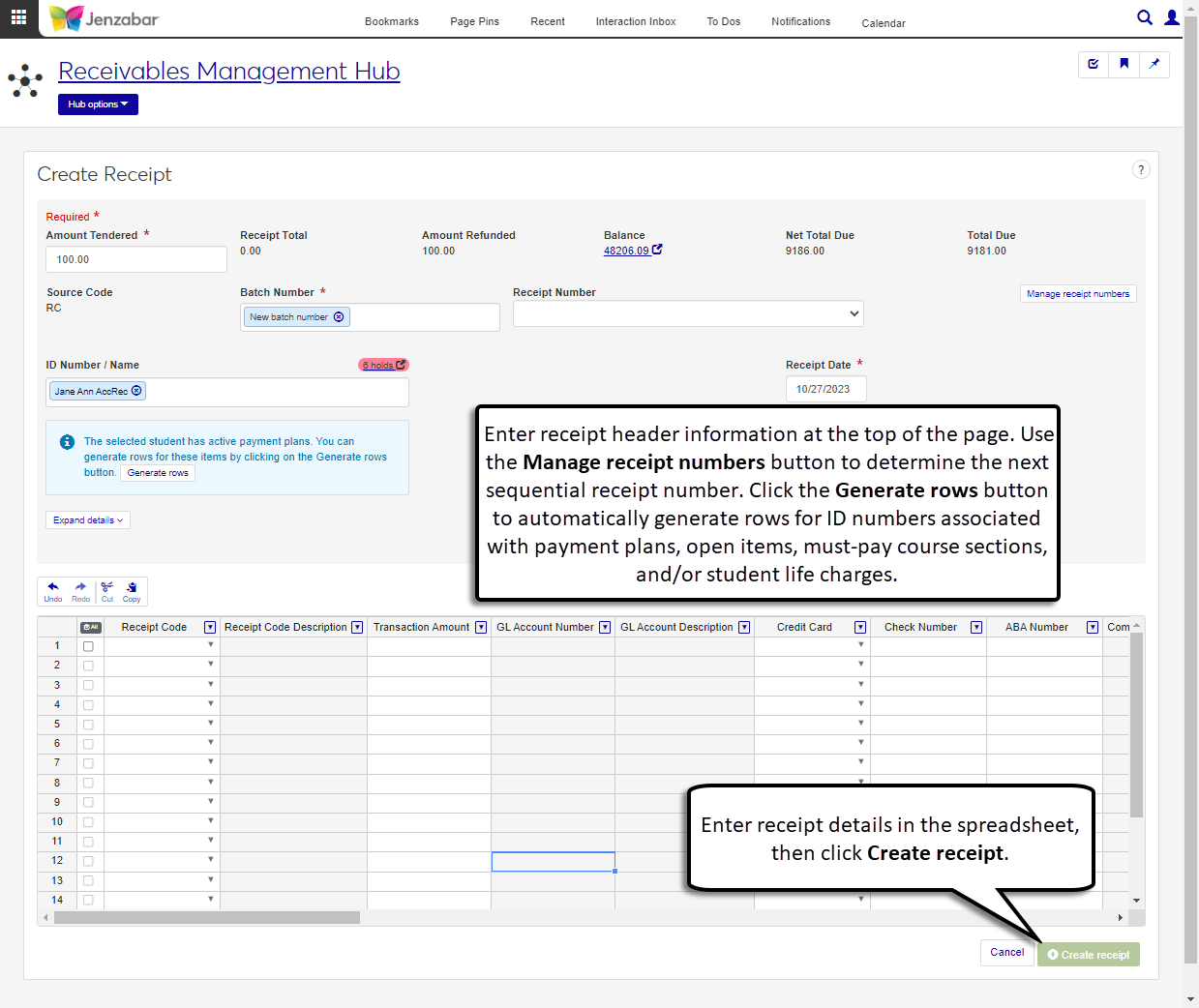 Create Receipt page with options to generate rows for a student with a payment plan.