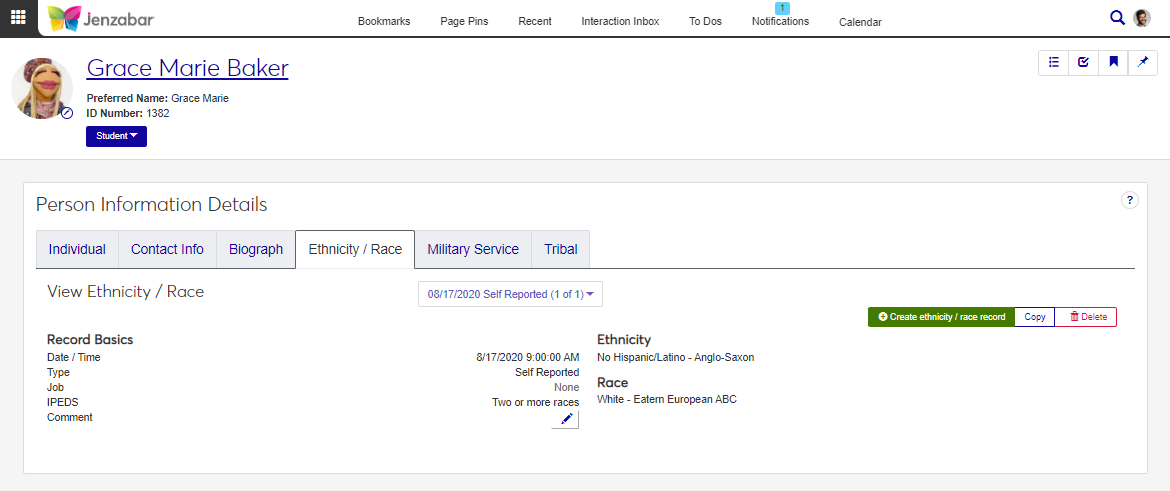Person Information Details page, Ethnicity / Race tab.