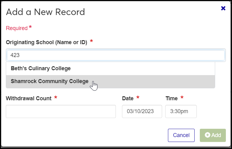 The Add a New Record pop-up showing the Shamrock Community College selected. You then enter a withdrawal count, a date, and a time for the record you're adding.
