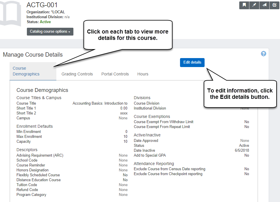 Manage Course Details page pointing out the tabs and the "Edit details" button