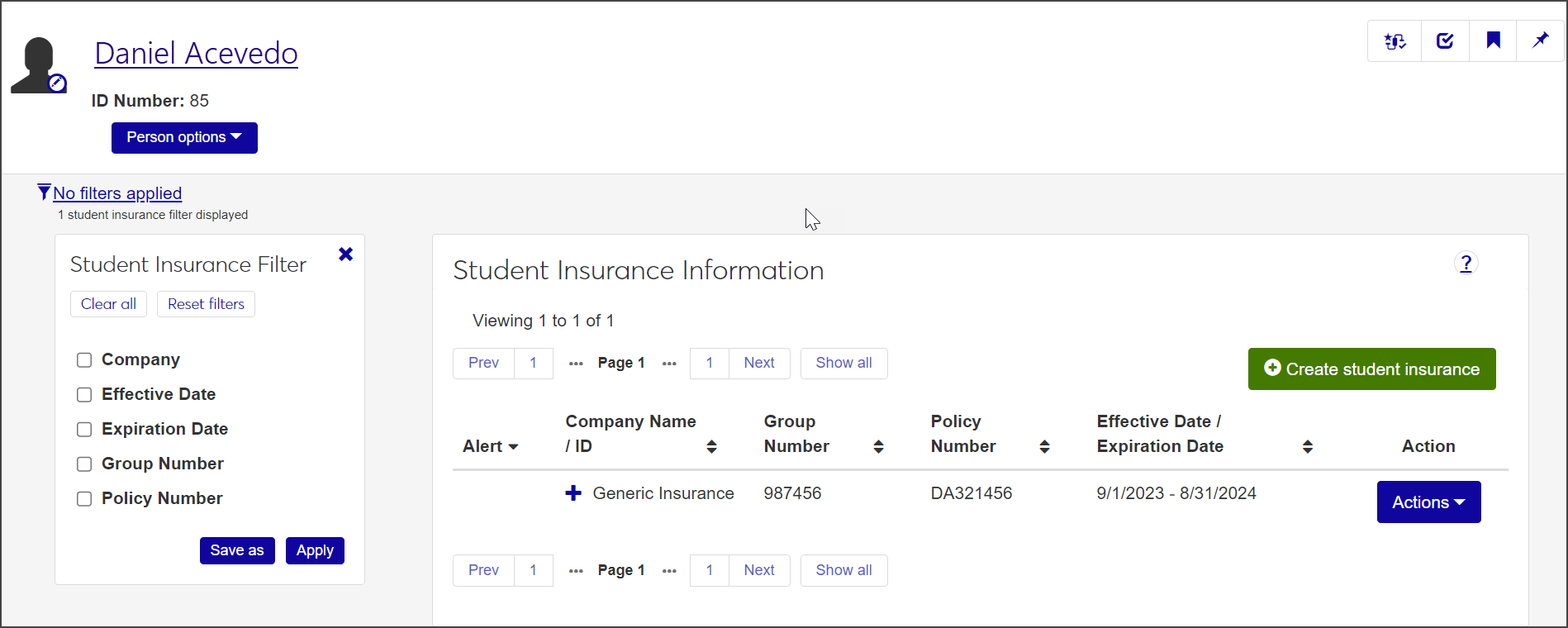 Student Insurance Information page