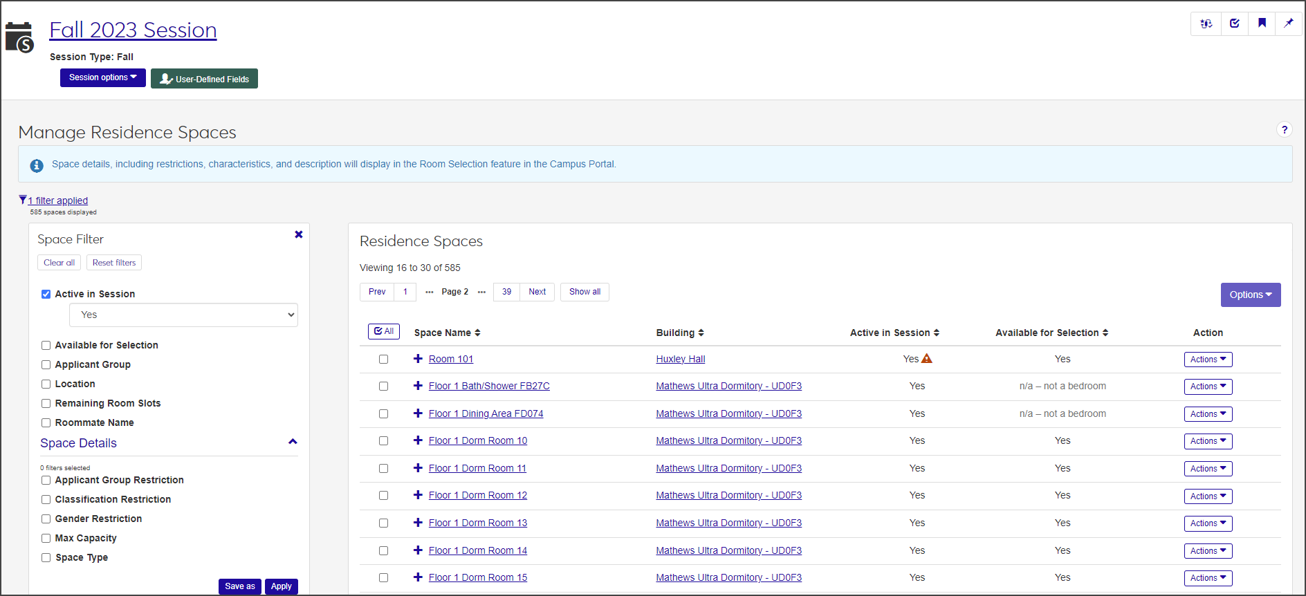 Manage Residence Spaces page