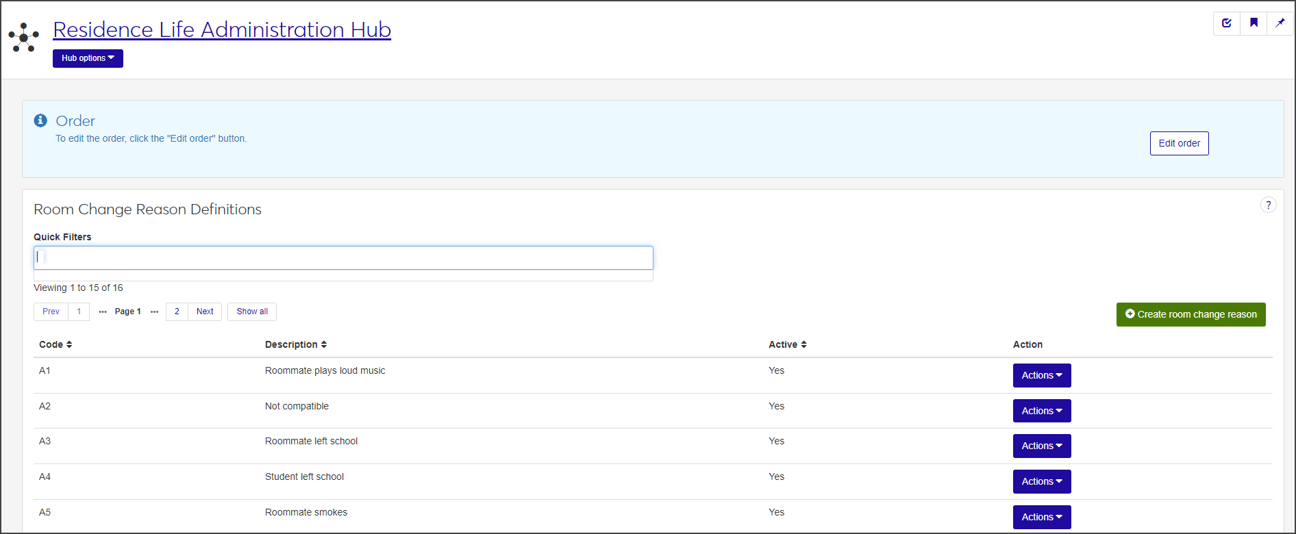 Room Change Reason Definitions page