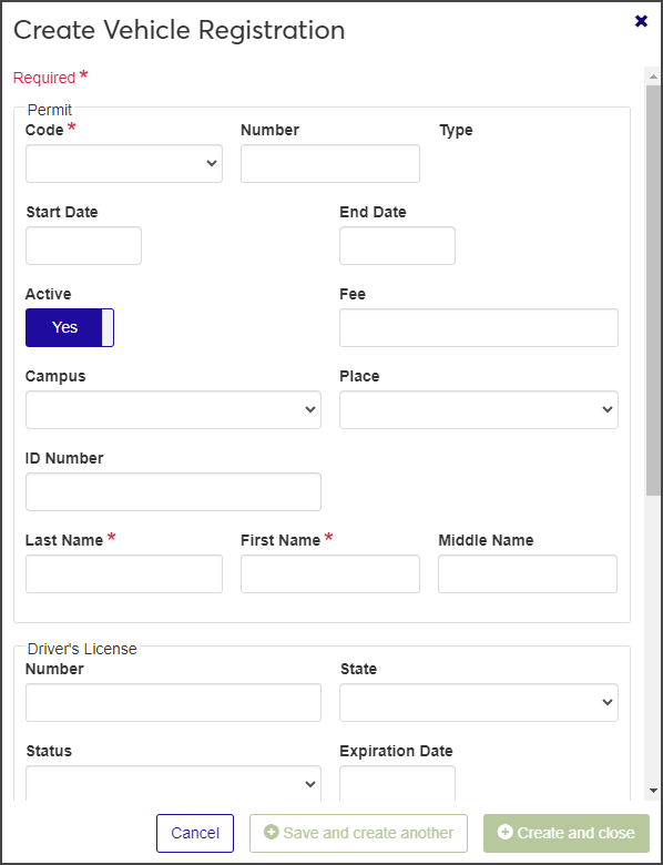 Create Vehicle Registration window
