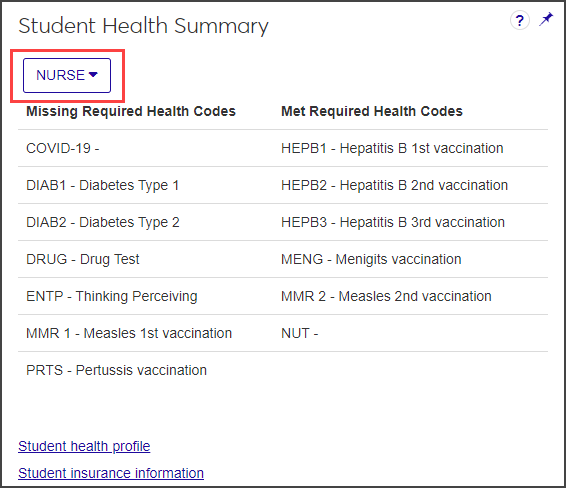 Student Health Summary block on Student summary page - health group highlighted