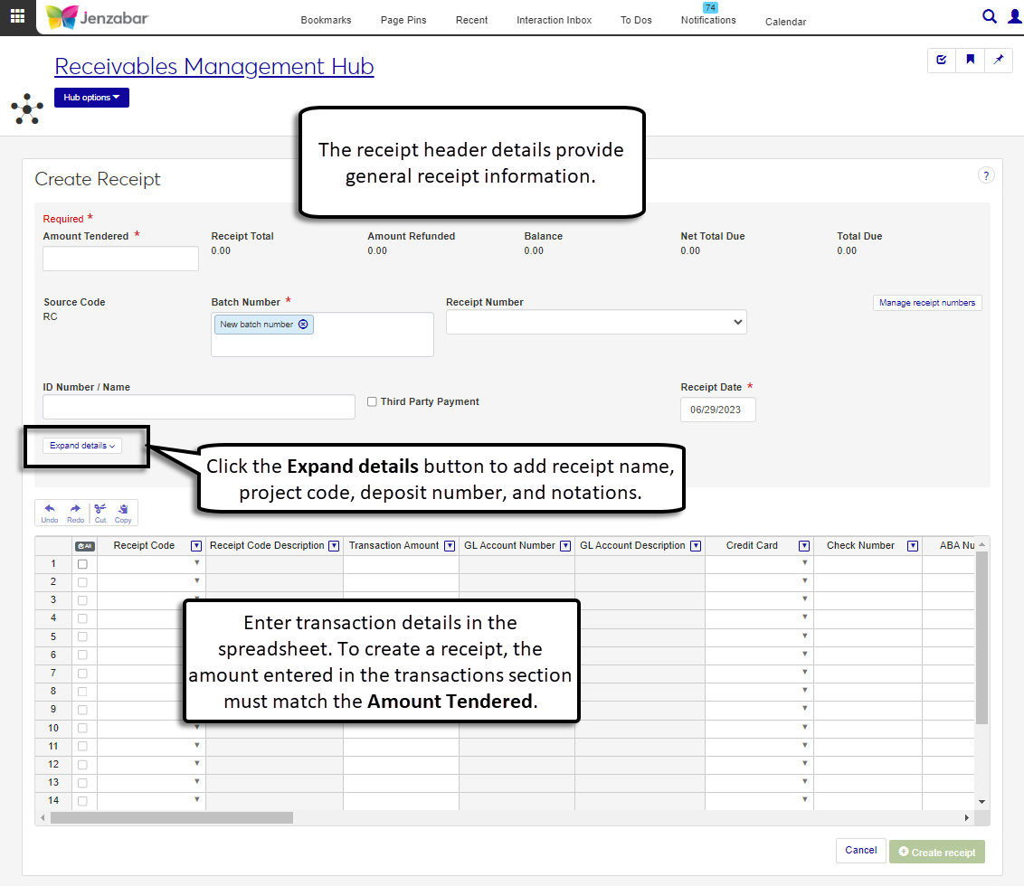 J1 Web Create Receipt page.