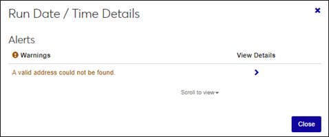 Run Date / Time Details pop-up for an interaction that did not send.