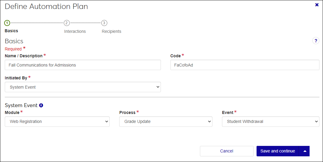 Define Set wizard, Basics page for sets initiated by a system event.