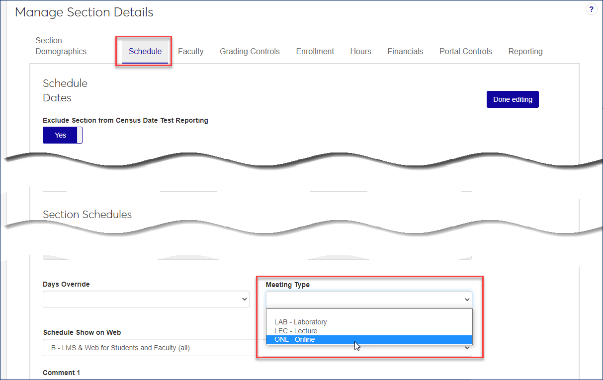 Manage Section Details page, Schedule tab, showing the Meeting Type field with "Online" selected