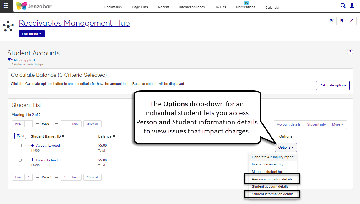Student Accounts page with the Options drop-down for a student row selected. Student information details and Person information details options are highlighted in the drop-down menu.