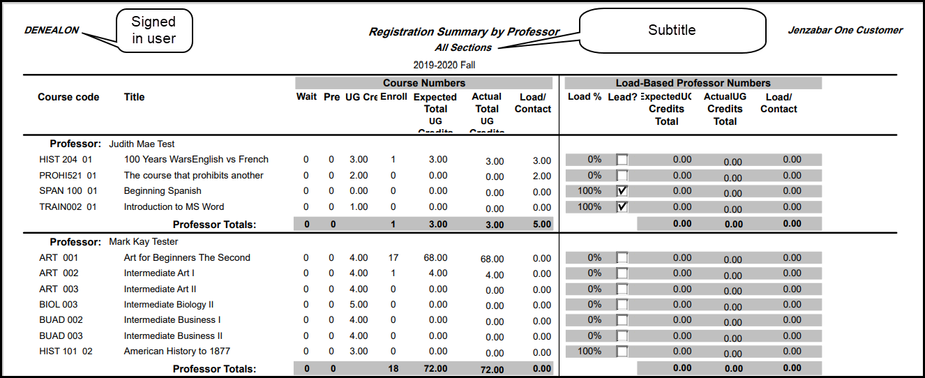 Excerpt of a Registration Summary by Professor report showing sections for 2 professors. It also points out the subtitle and the signed-in user's user name.