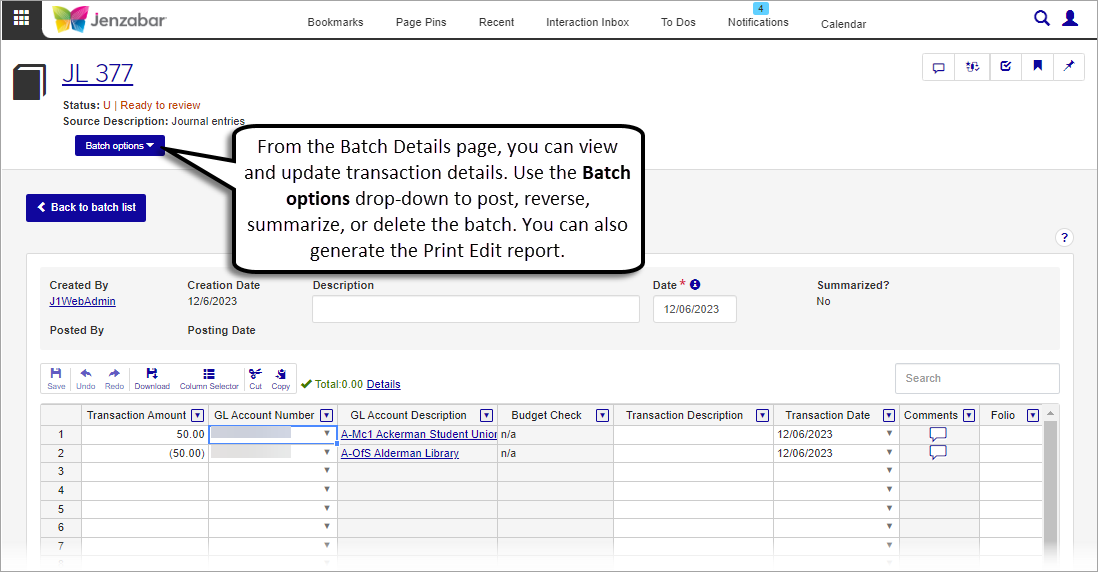 Batch details page.