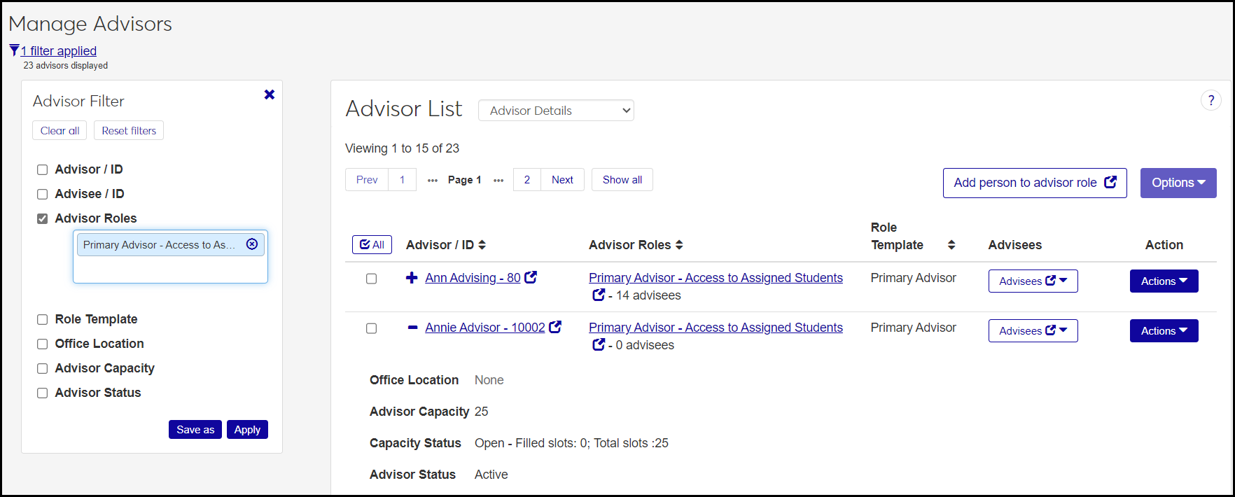 The Manage Advisors page showing 2 advisors with one of their rows expanded