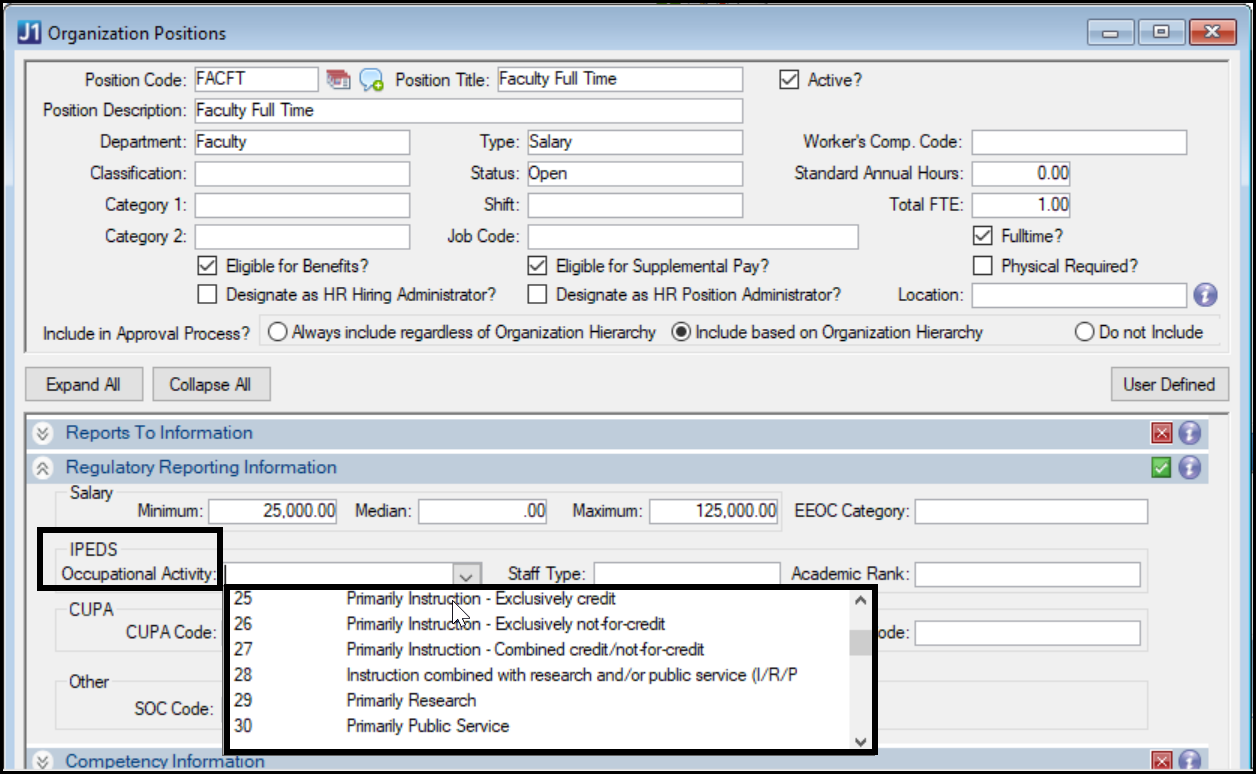 Desktop Organization Positions window showing the Regulatory Reporting Information tab with the IPEDS Occupational Activity drop-down expanded