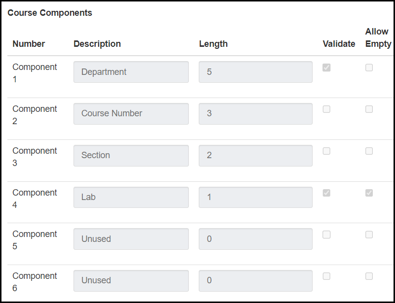 Course Components on the Enrollment Settings page showing the same information as on Course Components table