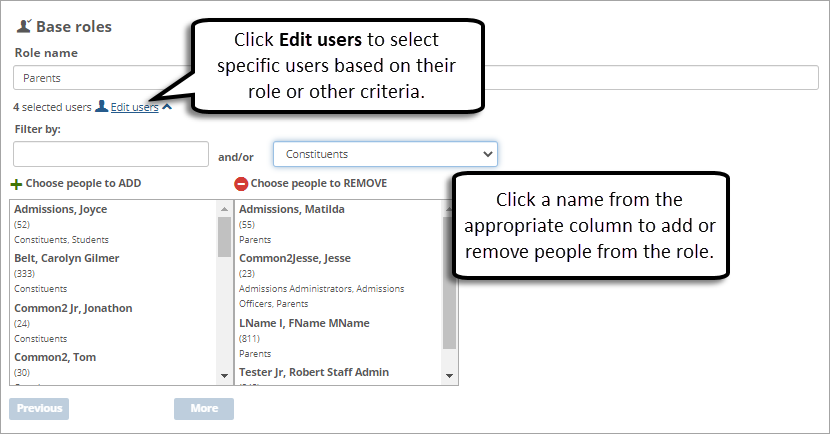 Campus Portal Base roles page with the Edit roles link selected and options to select individuals to add to roles.