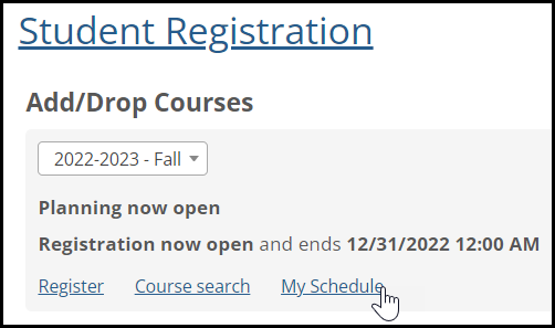Student Registration landing page showing the My Schedule link
