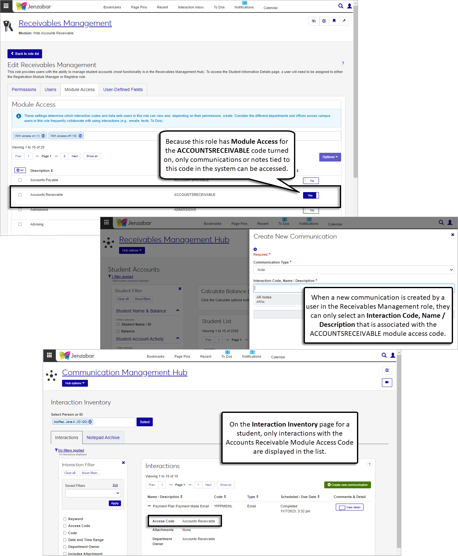 Receivables Management role, with Module Access turned on for the ACCOUNTSRECEIVABLE code. The Create New Communication pop-up and Interaction Inventory only show interactions associated with the ACCOUNTSRECEIVABLE code.