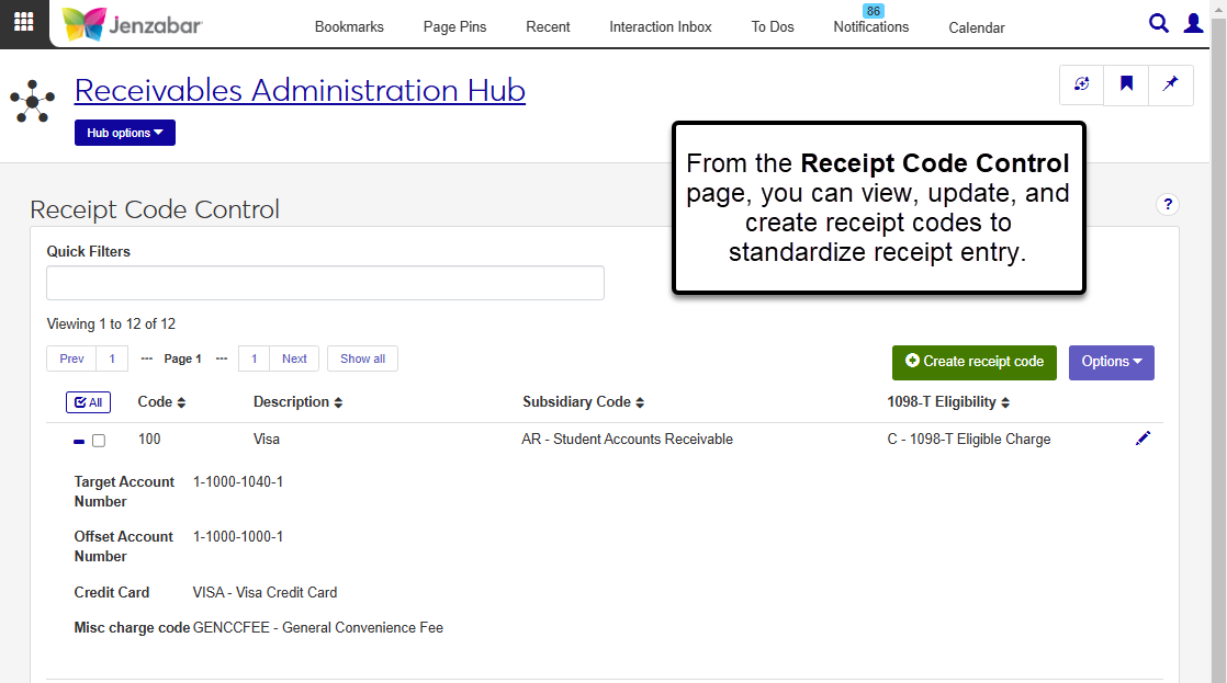 Receipt Code Control page with the list of code definitions.