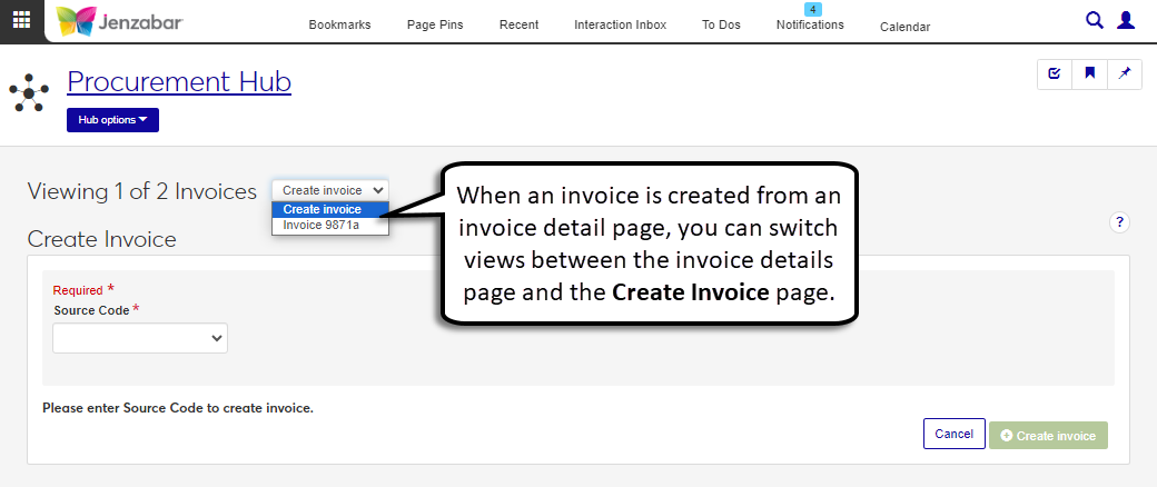 Create Invoice page when accessed from the Invoice Details page with the Viewing Invoices drop-down highlighted.