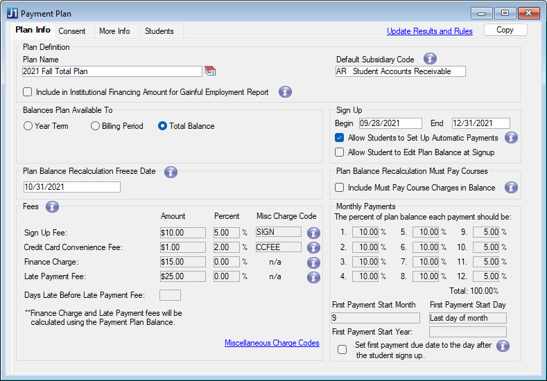 The Plan Info tab of the J1 Desktop Payment Plan window.