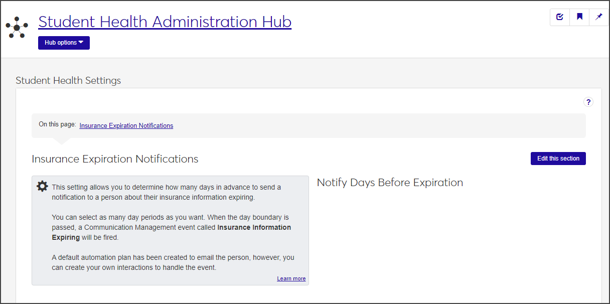 Student Health Settings page