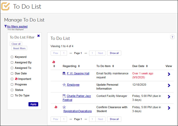 To Do list page with filter and sorting blocks highlighted.
