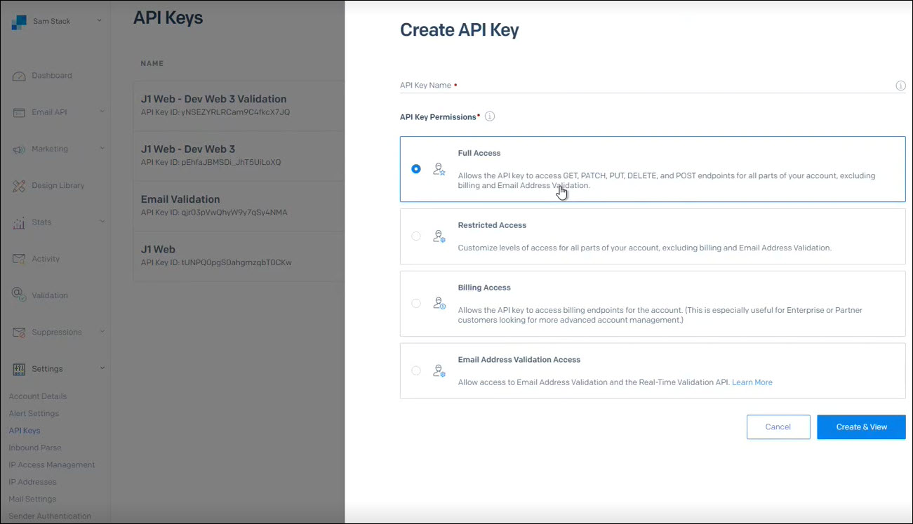 SendGrid setup, Create API Key page.