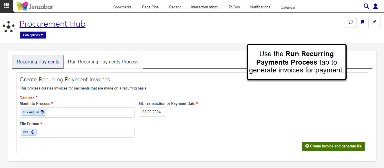 Run Recurring Payments Process tab on the Recurring Payments page.