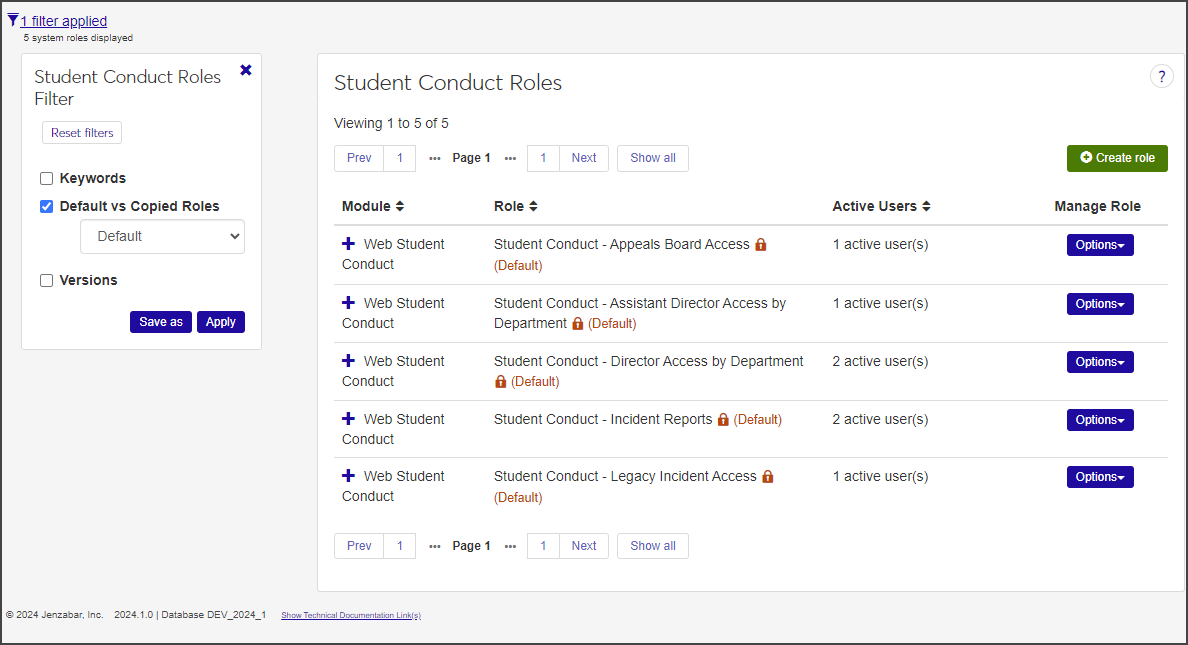 Manage Student Conduct Roles page