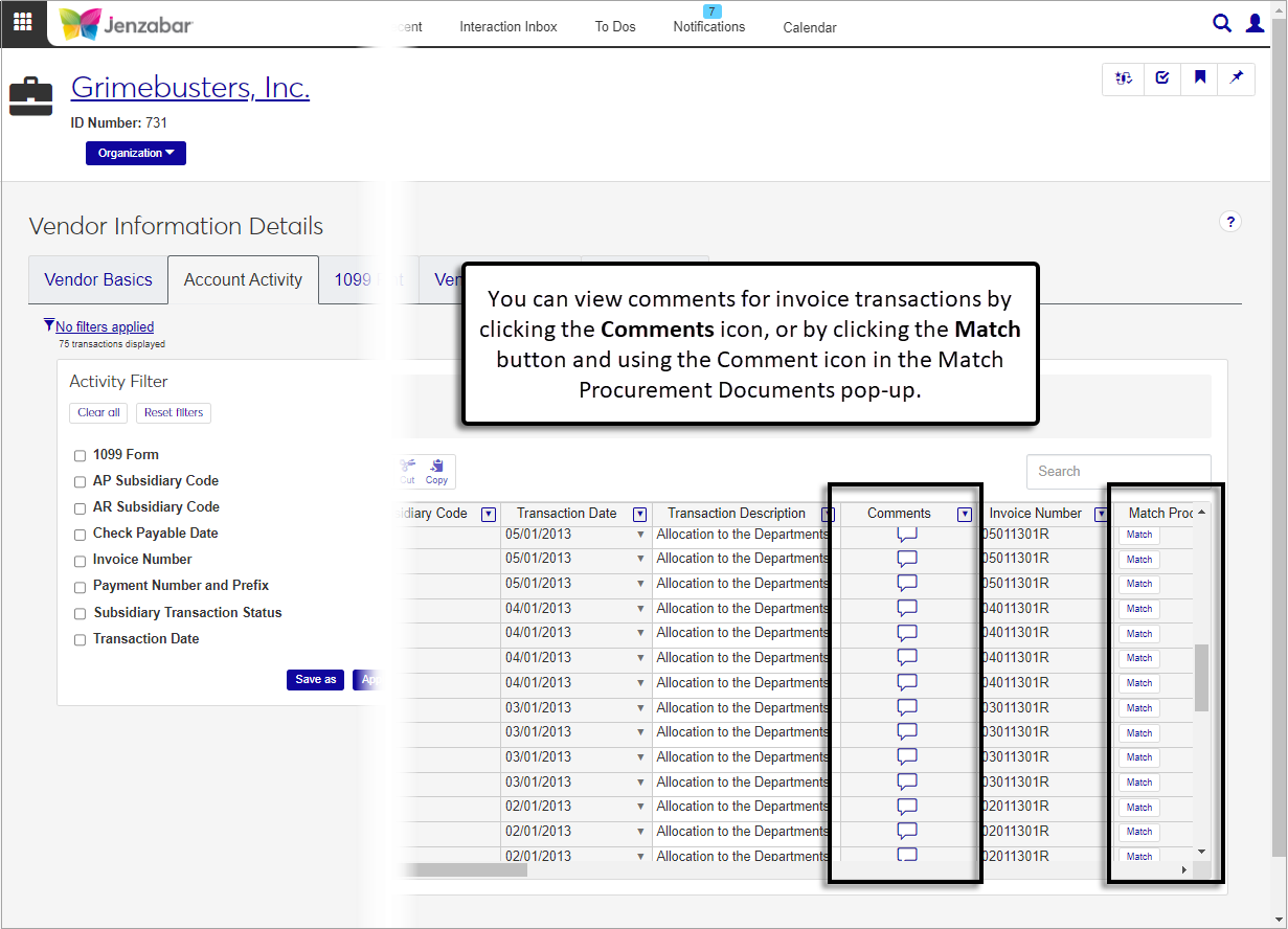 Vendor Information Details page, Account Activity tab with Comments and Match Procurement Document columns highlighted. Both columns let you view and add comments.