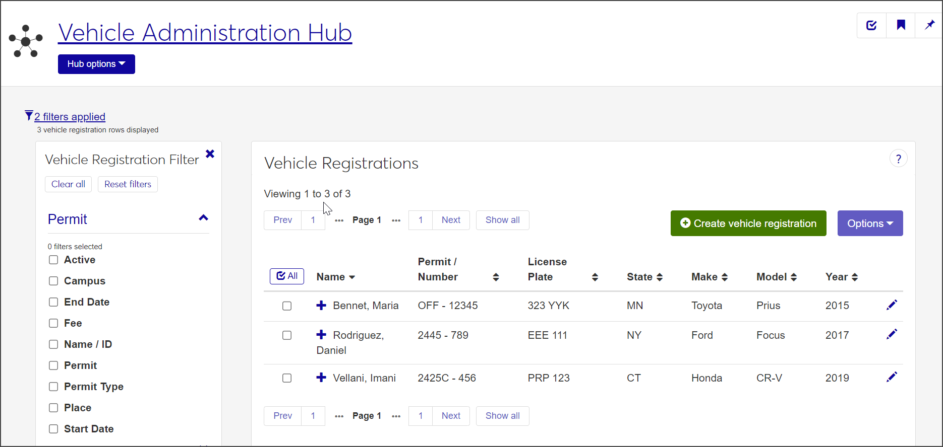 Vehicle Registrations page