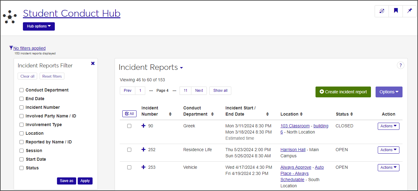 Incident Reports page