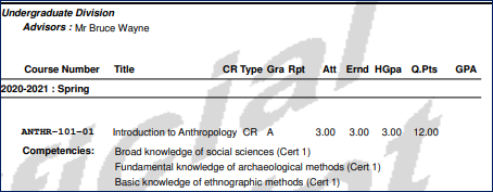 A student transcript showing a course and its competencies