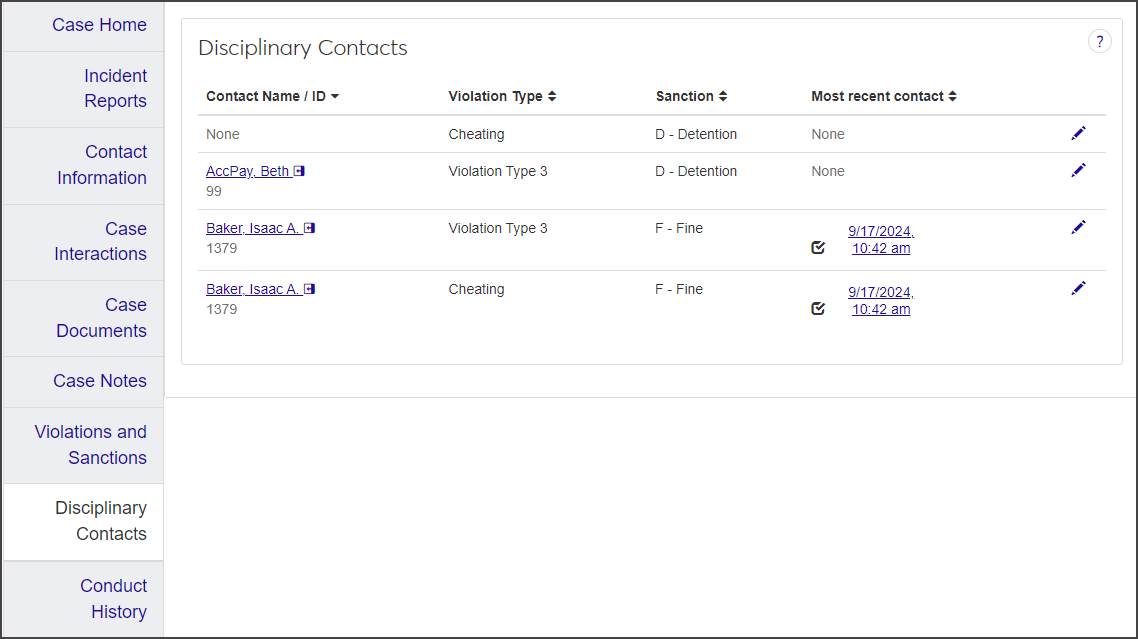Case summary - Disciplinary Contacts tab